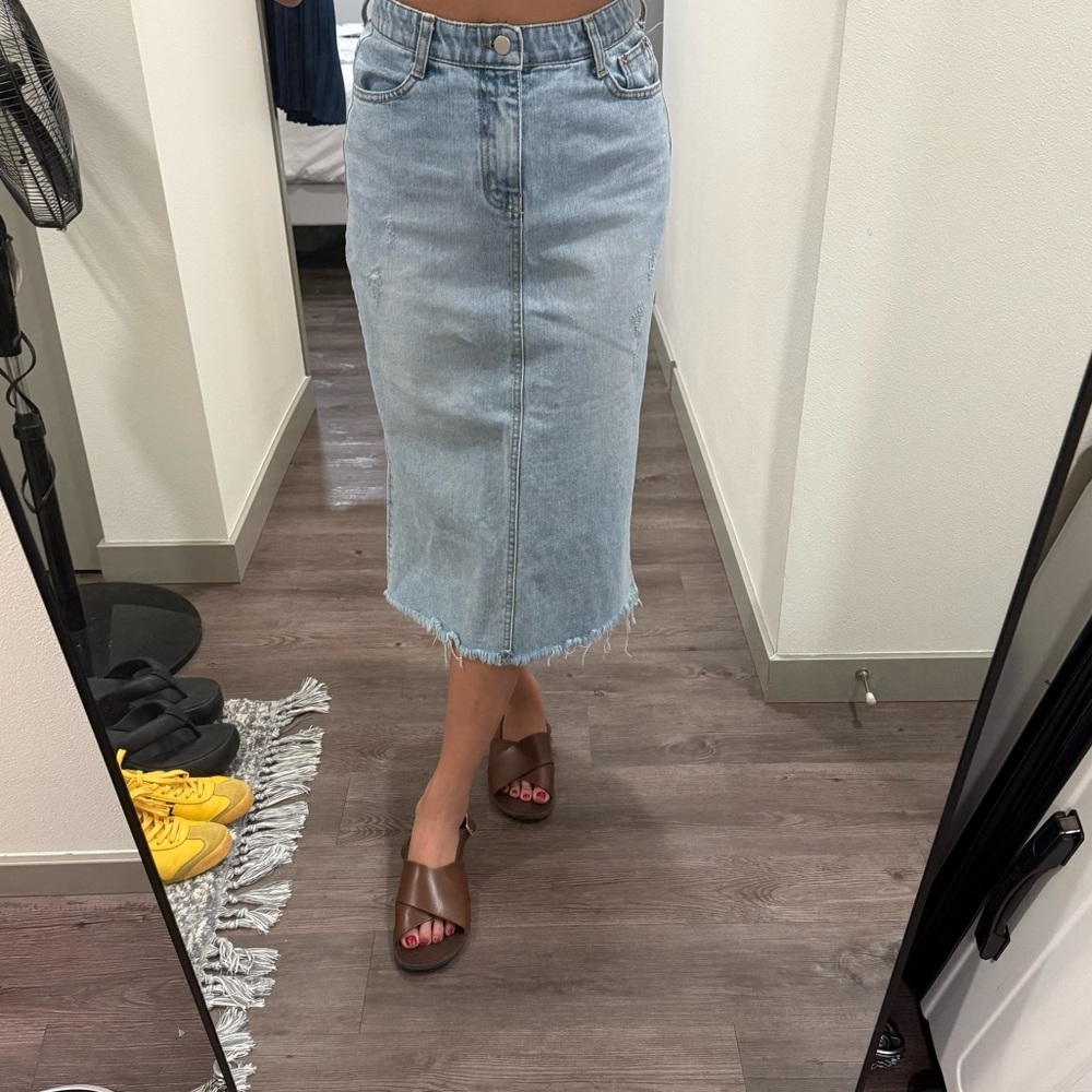 Light Blue Frayed Hem Midi Skirt from Korea